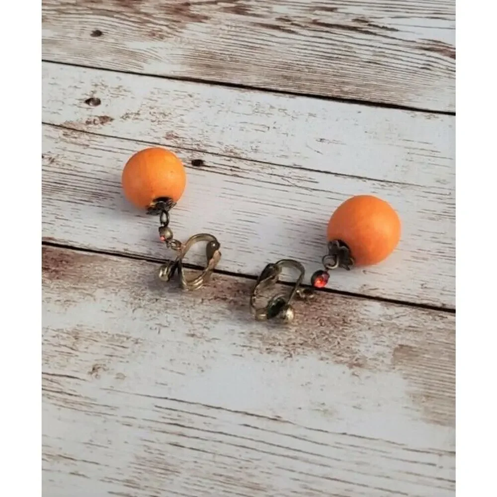 Vintage Clip On Earrings Orange with Red Gem Dangle